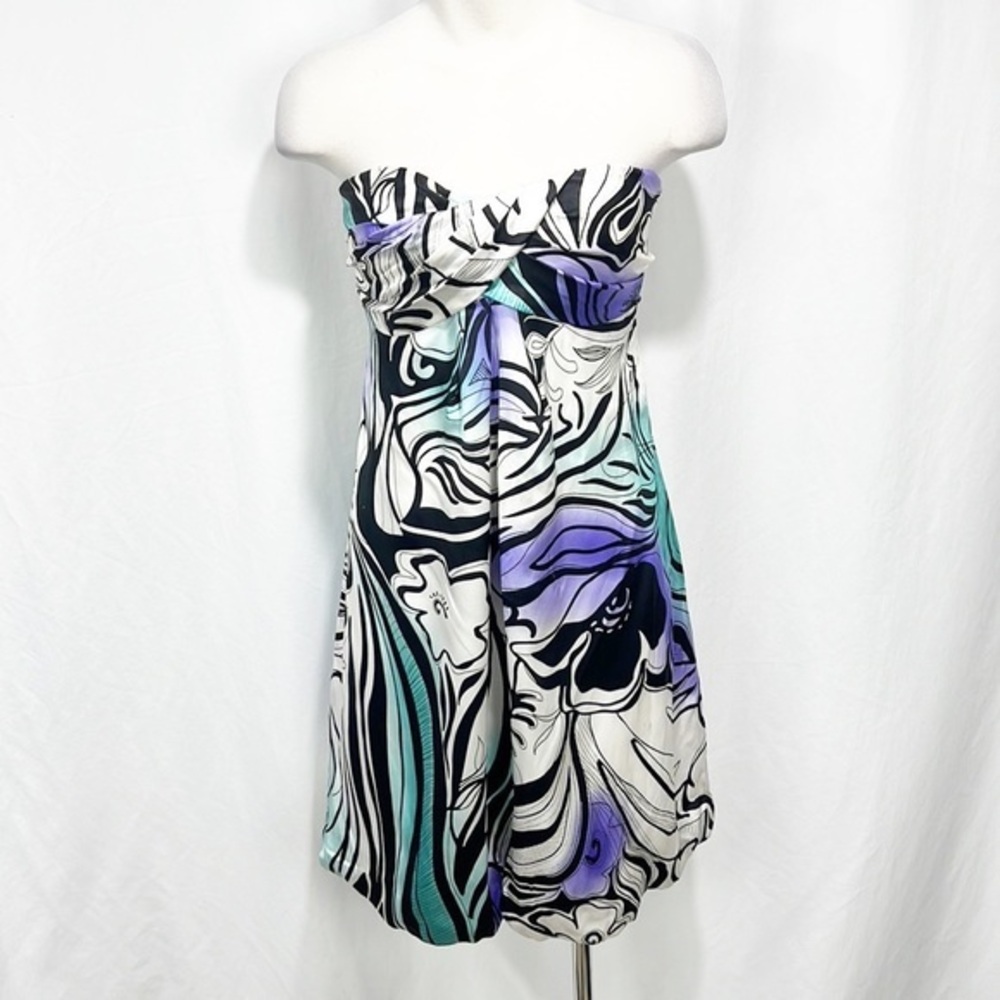 Cache Strapless Watercolor Dress sz 10 NWT White Purple Black Bubble Hem Y2K 90s